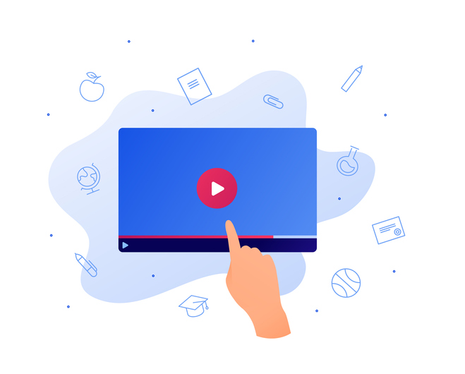 Online education video app for online course concept. Vector flat illustration. Human hand touch play button of player. College theme icon on background. Design for banner, infographic.